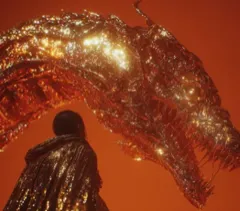 Cinematic - A lone figure facing a colossal crystalline dragon made of molten gold and amber