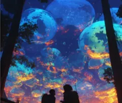 Fantasy - Two silhouettes standing in an enchanted forest gazing up at giant bioluminescen
