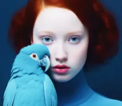 Portrait - Red-haired girl with porcelain skin and freckles posing with a blue hyacinth mac