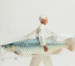 Surreal - Elderly man in a white linen suit carrying an enormous iridescent fish on his ba